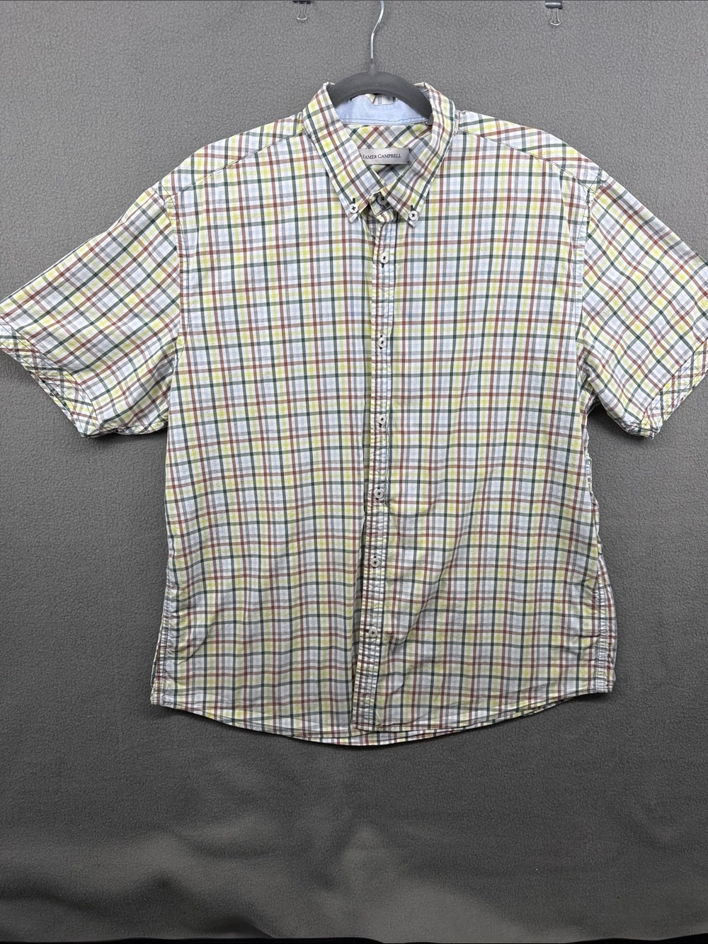 James Campbell Short-Sleeve Plaid Button-Down Shirt in White, Blue, Yellow. A24
